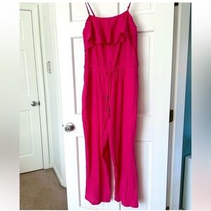 Talbots Bright Pink Ruffle Cotton Crepe Jumpsuit Vacation Summer Coverup Size L